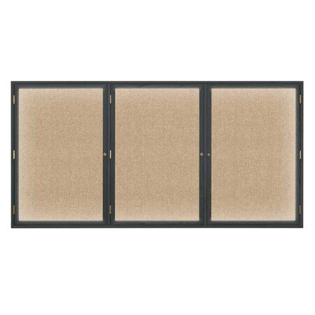 United Visual Products Triple Door Enclosed EZ Tack Board, 72"x36", Walnut/Grey UV105EZ-GREY-WALNUT